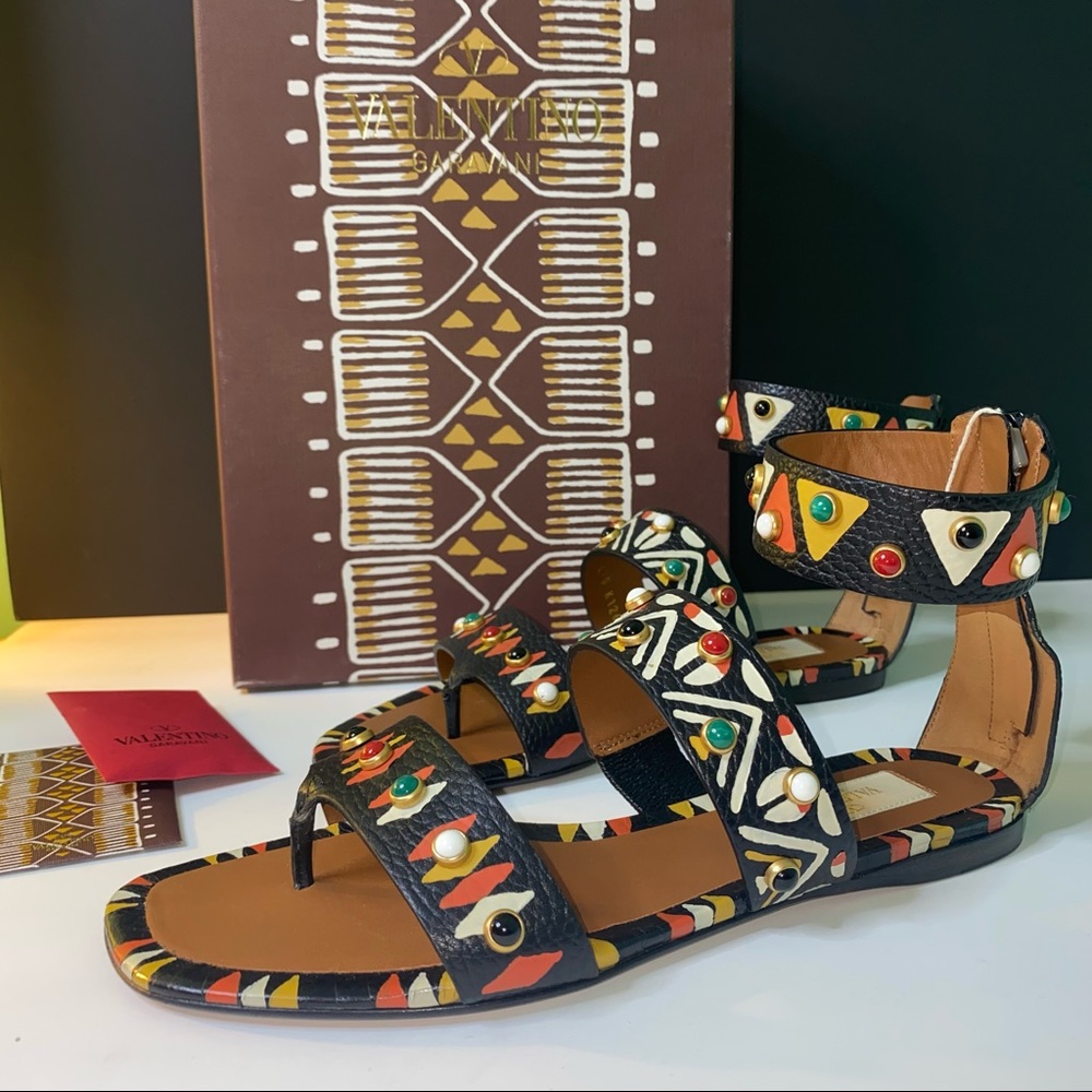 VALENTINO GARAVANI Studded Hand Painted Strappy Tribal Sandals